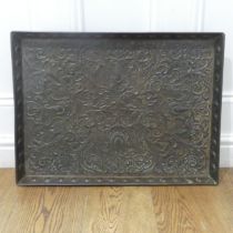 A large rectangular Arts and Crafts copper Tray, in a Keswick style design, small damage to back,