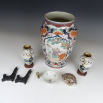 A large Japanese imari palette Vase, with enamels of flora and fauna with gilt overlay, H 26cm,