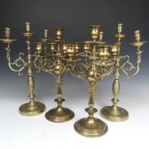 A pair of Antique brass five-light Candelabra, with scroll arms, H 39.5 cm, together with a
