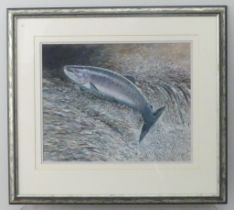 Robin Armstrong (British, b. 1947), Leaping Salmon, watercolour, signed lower left, 38cm x 49cm,