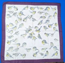 A vintage Hermès silk twill Scarf, `Les Mésanges`, designed by Xavier de Poret depicting blue tits,