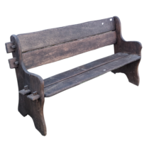 A weathered West African iroko wood two seat garden Bench, with shaped ends and pegged frame,