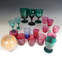 A quantity of coloured Glasses, comprising five ruby Webb examples, dark green examples, cranberry