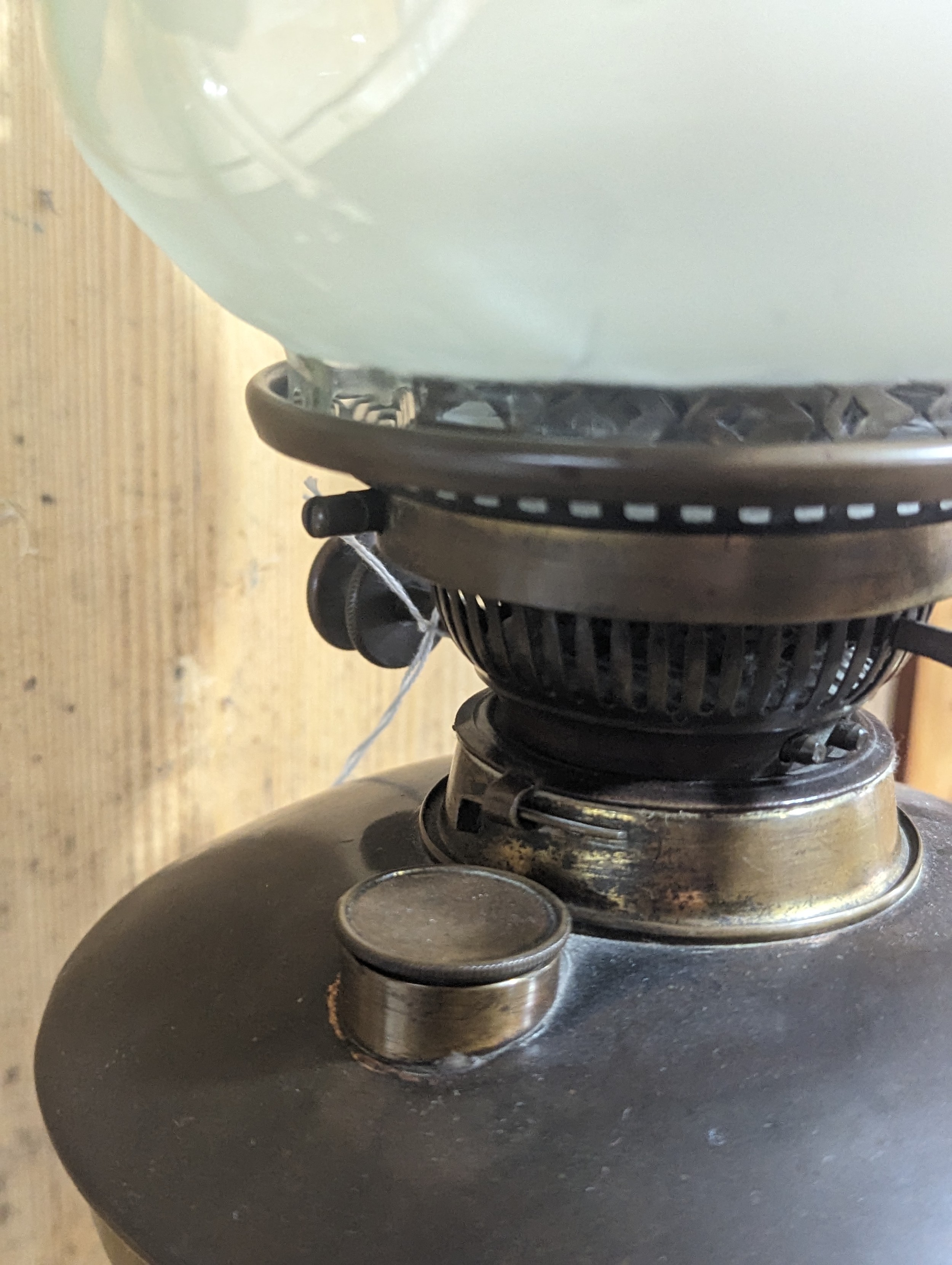 An late 19thC Oil Lamp, with acid etched glass shade, raised on copper and brass tripod stand, - Image 2 of 4