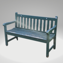 A weathered green painted wooden garden Bench, W 122 cm x H 84 cm x D 57 cm.