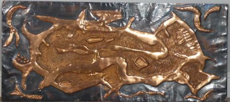 An abstract embossed copper Panel, circa 1970, signed R. Dent, W 91.5 cm x H 40.5 cm.