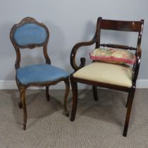 A 19th century walnut Bedroom Chair, serpentine front and blue upholstery, W 43 cm x H 85.5 cm x D