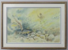 Robin Armstrong (British, b. 1947), Brown Trout in riverbed, watercolour, signed lower right, 45cm x