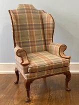 A George II style walnut wingback Armchair of high quality, recently well upholstered in 100% wool