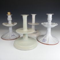 A late 20thC studio pottery ship's Candlestick, with underglaze inscription, H 23cm, together with