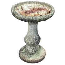 A weathered reconstituted stone Bird Bath, on turned column and plinth base, crack to dish, W 42