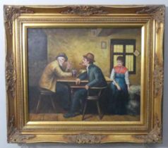 20th century School, Interior scene with drinkers seated at a table, oil on canvas, 50cm x 61cm,