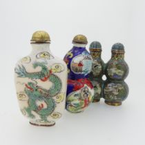 A Chinese cloissone enamel joint double gourd Snuff Bottle, with stoppers, enamelled with scenes