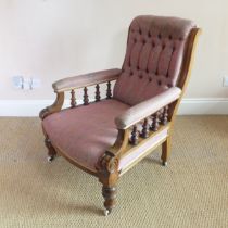 An Edwardian show-frame upholstered button-back Club Armchair, W 71 cm x H 93 cm x D 78 cm, together