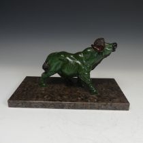 A decorative carved green soapstone Buffalo, mounted on Labrador antique granite base, W:30cm x D: