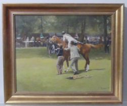 20th century English School, Haydock Park, horse racing scene, oil on board, signed and dated '85,