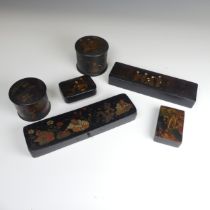 A Chinese black lacquered and painted Pen Box, L 20 cm, together with five other similar black