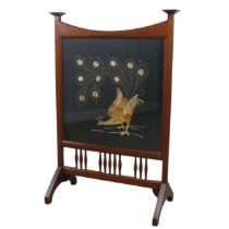 A Shapland and Petter of Barnstaple, Arts and Crafts mahogany fire screen, with embroidered stylised