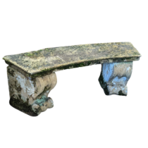 A weathered reconstituted stone curved Garden Seat, on two large carved feet, W 118 cm x H 43 cm x D