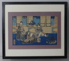 A pair of Japanese woodblock prints, depicting interior and boating scenes, 22cm x 33cm, framed,