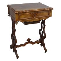 A 19th century Victorian burr walnut side Table / sewing Table, circa 1870, serpentine moulded