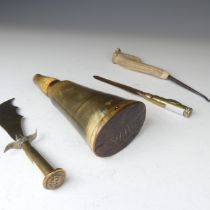 An 18th century horn Powder Flask, with wooden end and screw thread cap, together with two brass