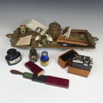 An Antique brass desk Set, together with another tooled leather desk set and other similar