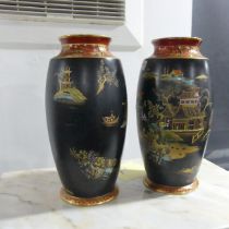 A pair of late 19thC Carltonware Satsuma Vases, with black ground and enameled depictions of