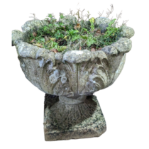 A pair of weathered reconstituted stone garden Urns, W 50 cm x H 40 cm x D 50 cm(2)