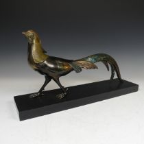 A French Art Deco style spelter Figure, of a pheasant on black slate plinth, decorated with