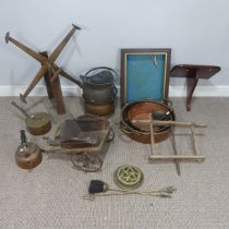 An Antique wooden wool Winder, together with a small cart, copper items, pestle and mortar, etc(a