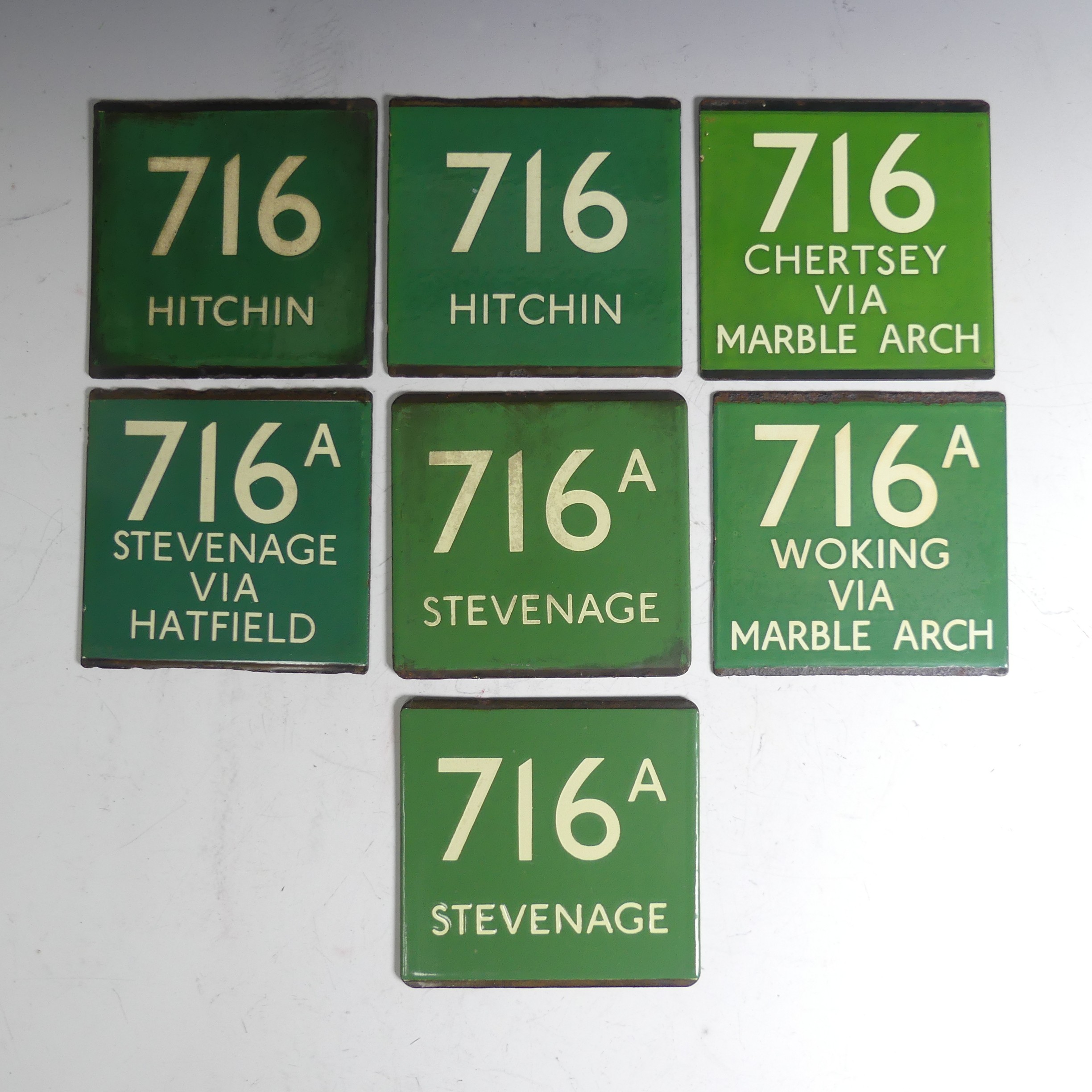 Bus and Coaching Memorabilia; A collection of seven London Transport enamel Bus Stop E-Plates, three