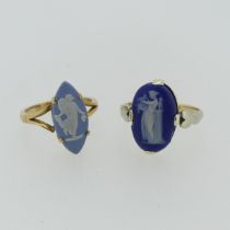 Two 9ct gold mounted Wedgwood Jasperware Rings, one with dark blue oval cameo, Size P, the other