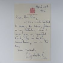 H.M Queen Elizabeth II; A handwritten Letter dated April 26th 1955, on Windsor Castle headed note