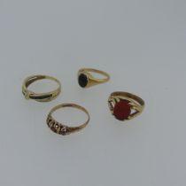 Four 9ct gold Rings, variously set, including sapphire and diamond with crossed shaped front, Size