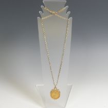 A Victorian gold Sovereign, dated 1878, in 9ct gold pendant mount, on a 9ct gold chain, 52cm long,