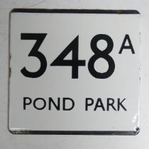 Bus and Coaching Memorabilia; A London Transport enamel Bus Stop E-Plate, Route No. 348A with