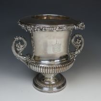 A silver plated Champagne Cooler, in the form of a campana urn, engraved with the Tolcher (Plymouth)