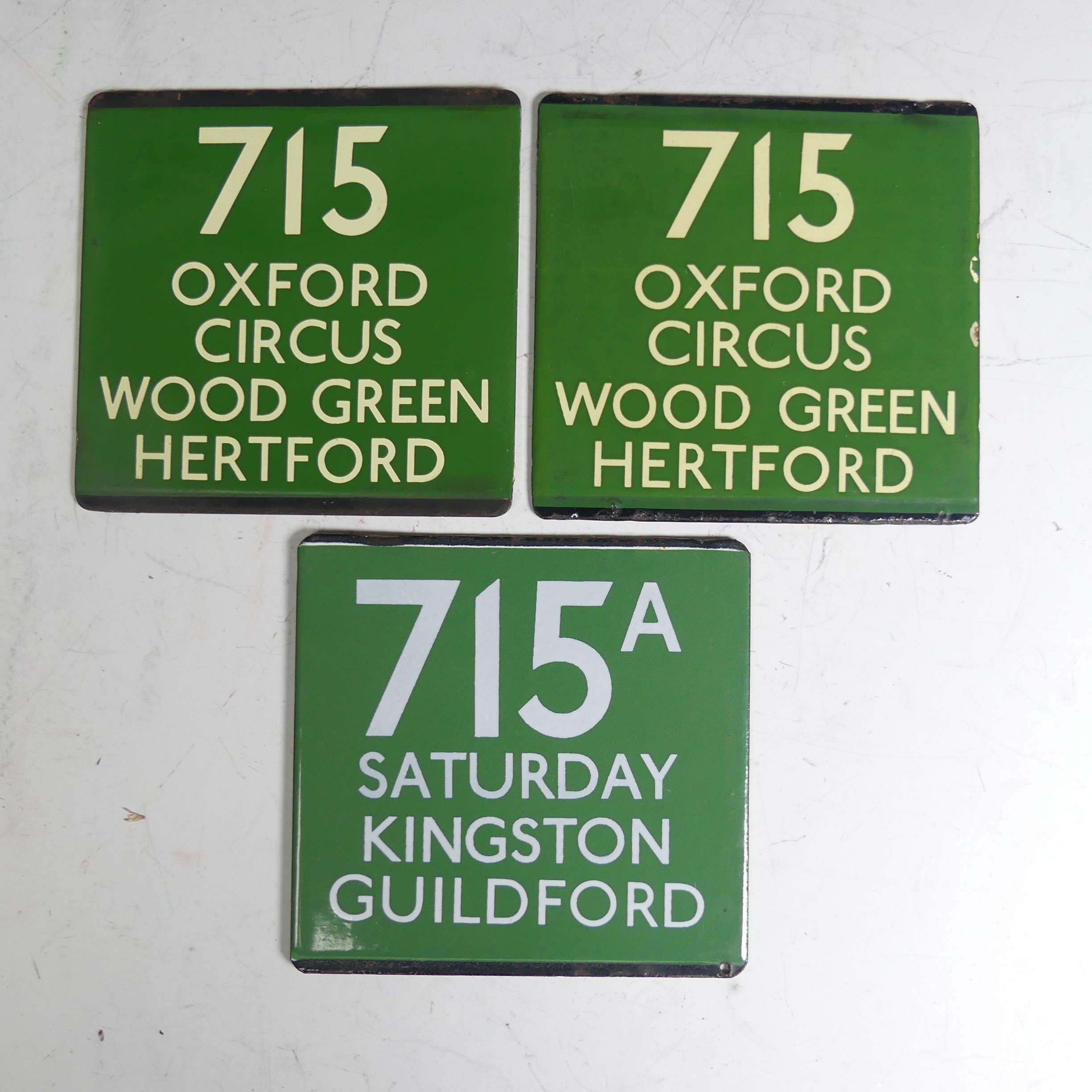 Bus and Coaching Memorabilia; Three London Transport enamel Bus Stop E-Plates, two for Green Line