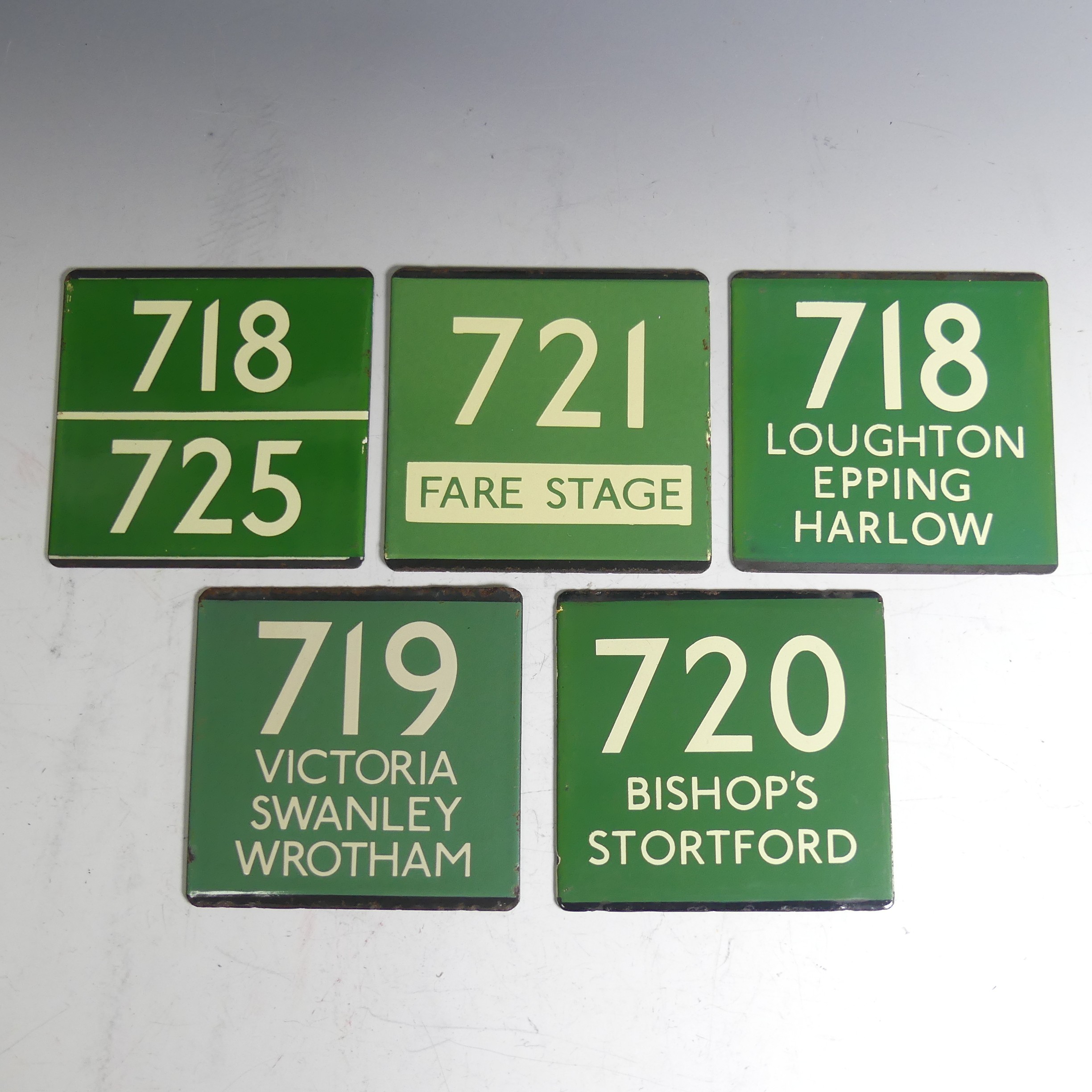Bus and Coaching Memorabilia; Five London Transport enamel Bus Stop E-Plates, Green Line Route No.