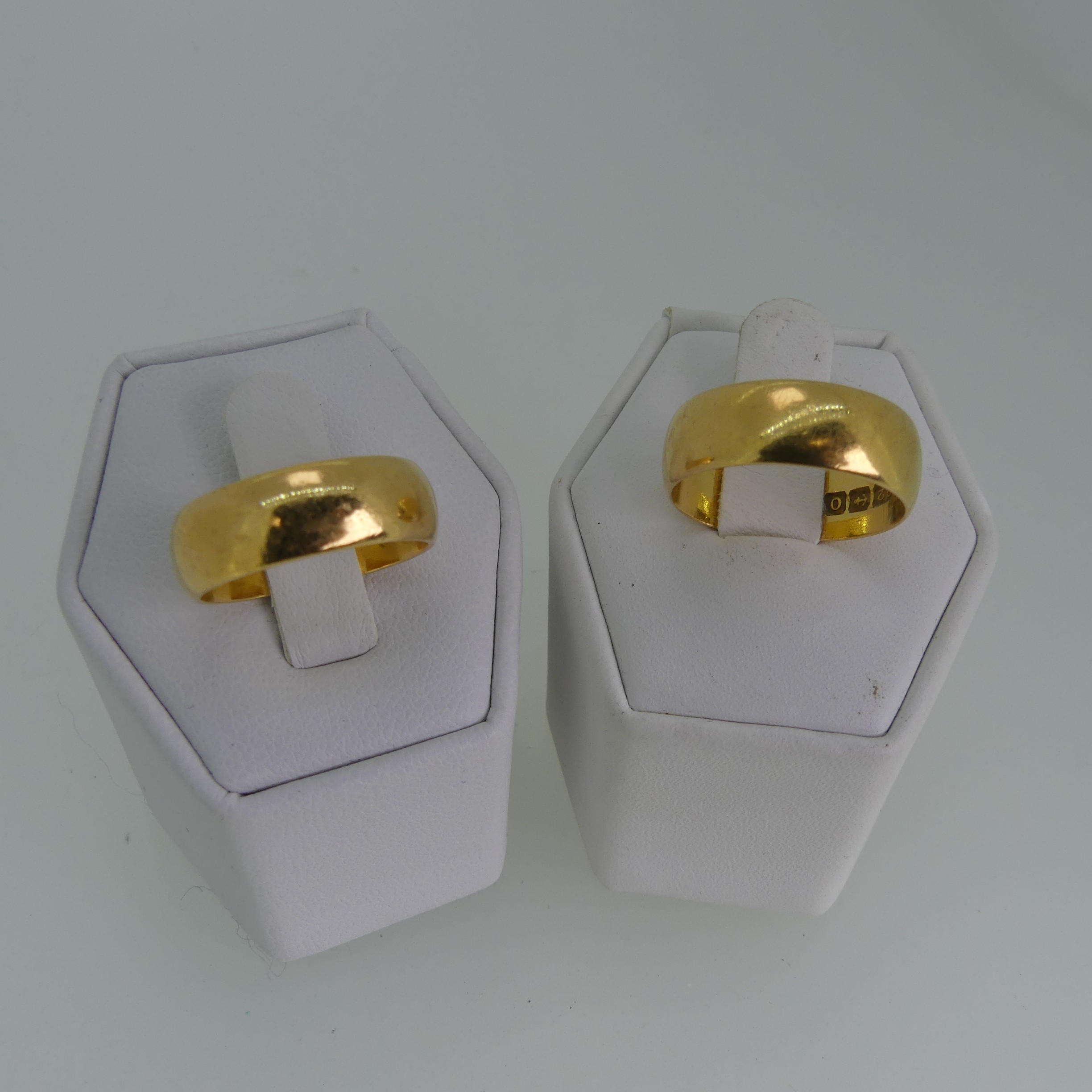Two 22ct yellow gold Bands, one 6.15mm wide, Size L½, the other 6.75mm wide, Size O, approx. total - Image 2 of 2