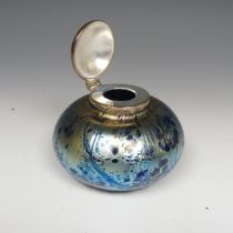 A contemporary silver-mounted Loetz-style glass Inkwell, of globular squat form, the glass of