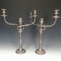 A pair of silver plated three light Candelabra, foliate decoration with scroll arms, approx. 53cm