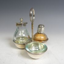 Dr. Christopher Dresser; A Victorian silver three piece Cruet Stand, by Hukin & Heath, hallmarked