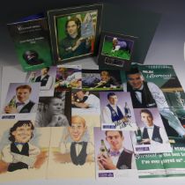 Snooker memorablilia: a collection including signed photos, caricature prints, and two T shirts