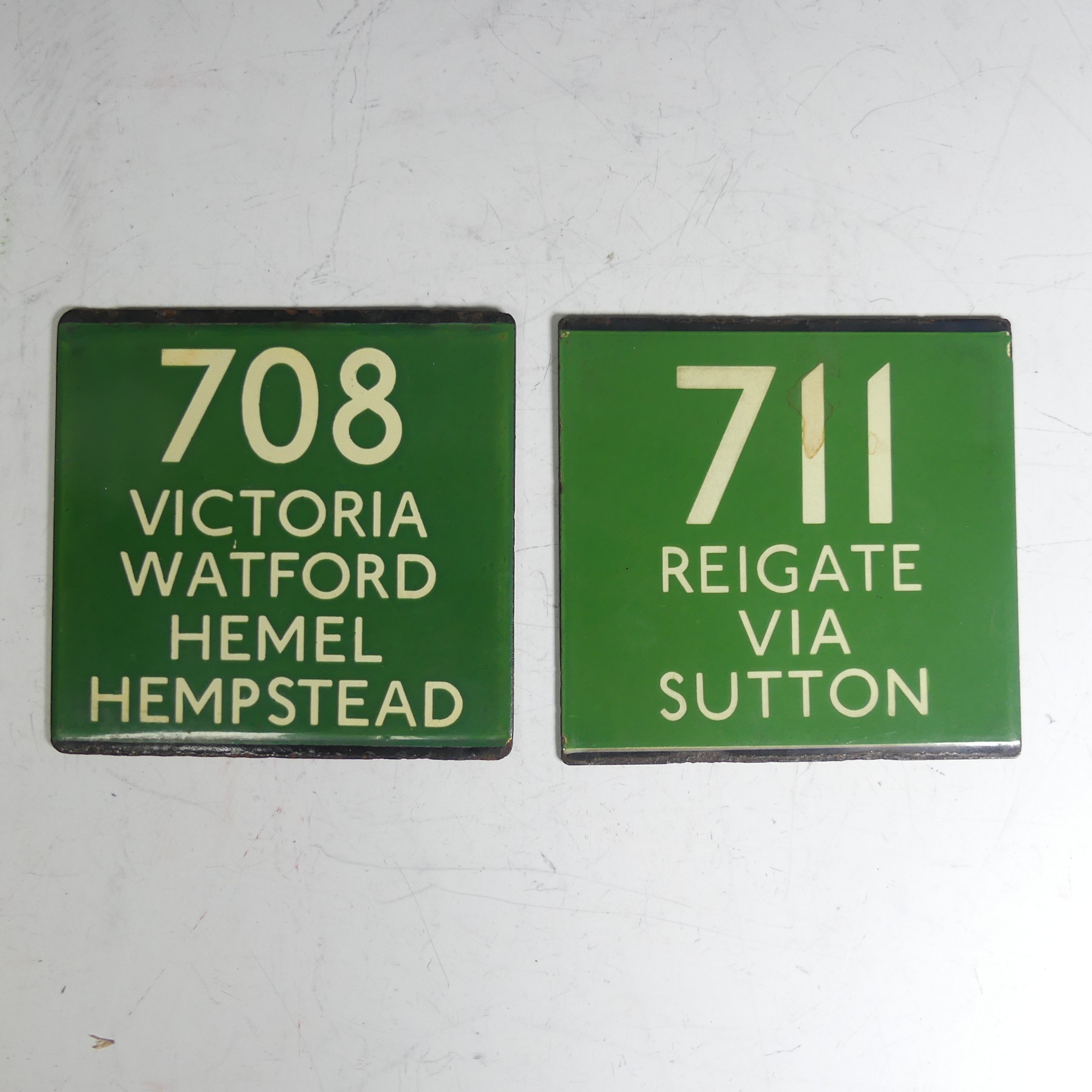 Bus and Coaching Memorabilia; Two London Transport enamel Bus Stop E-Plates, Green Line Route No.'