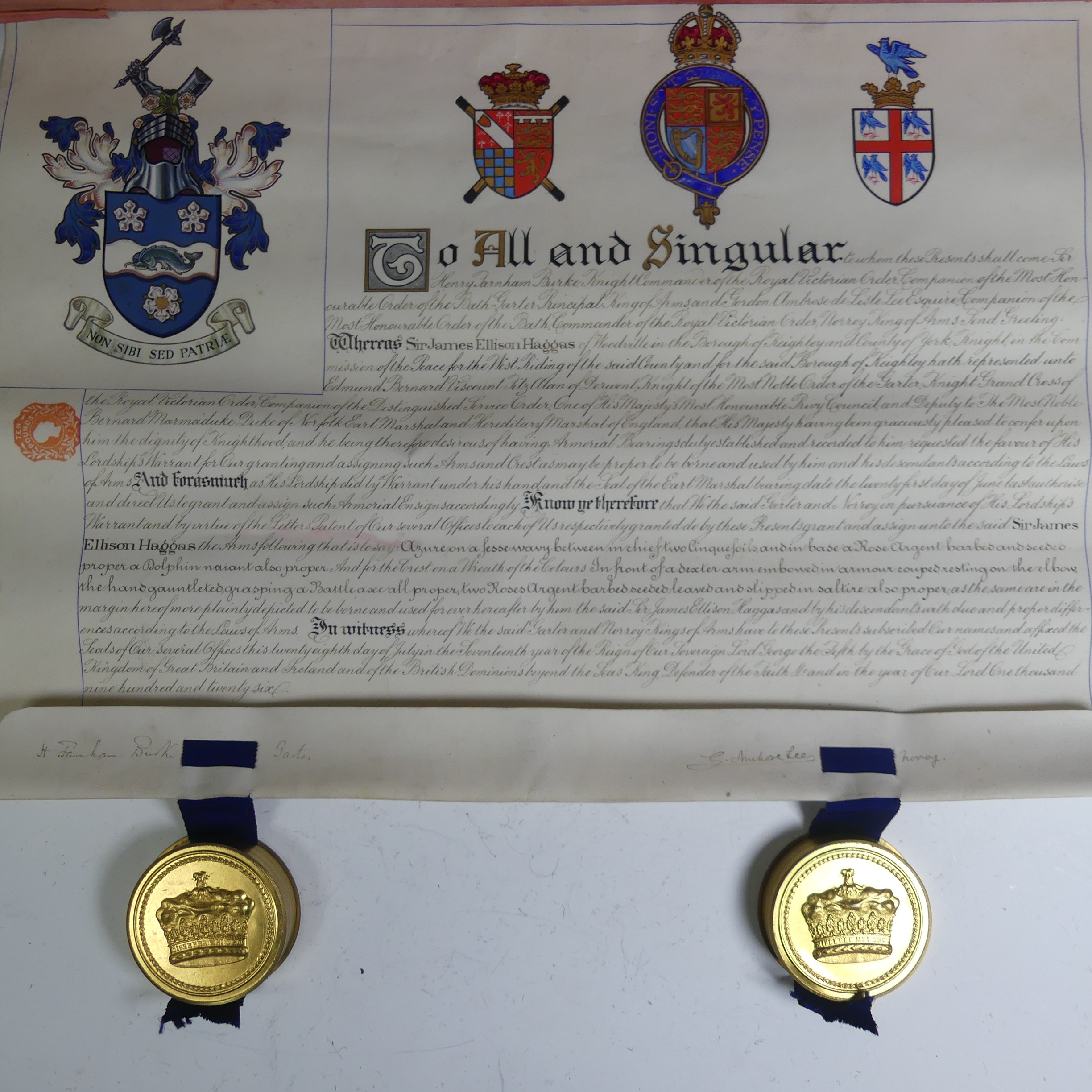 H.M King George V Grant of Arms  illuminated scroll, to Sir James Ellison Haggas (1849-1939), with - Image 5 of 7