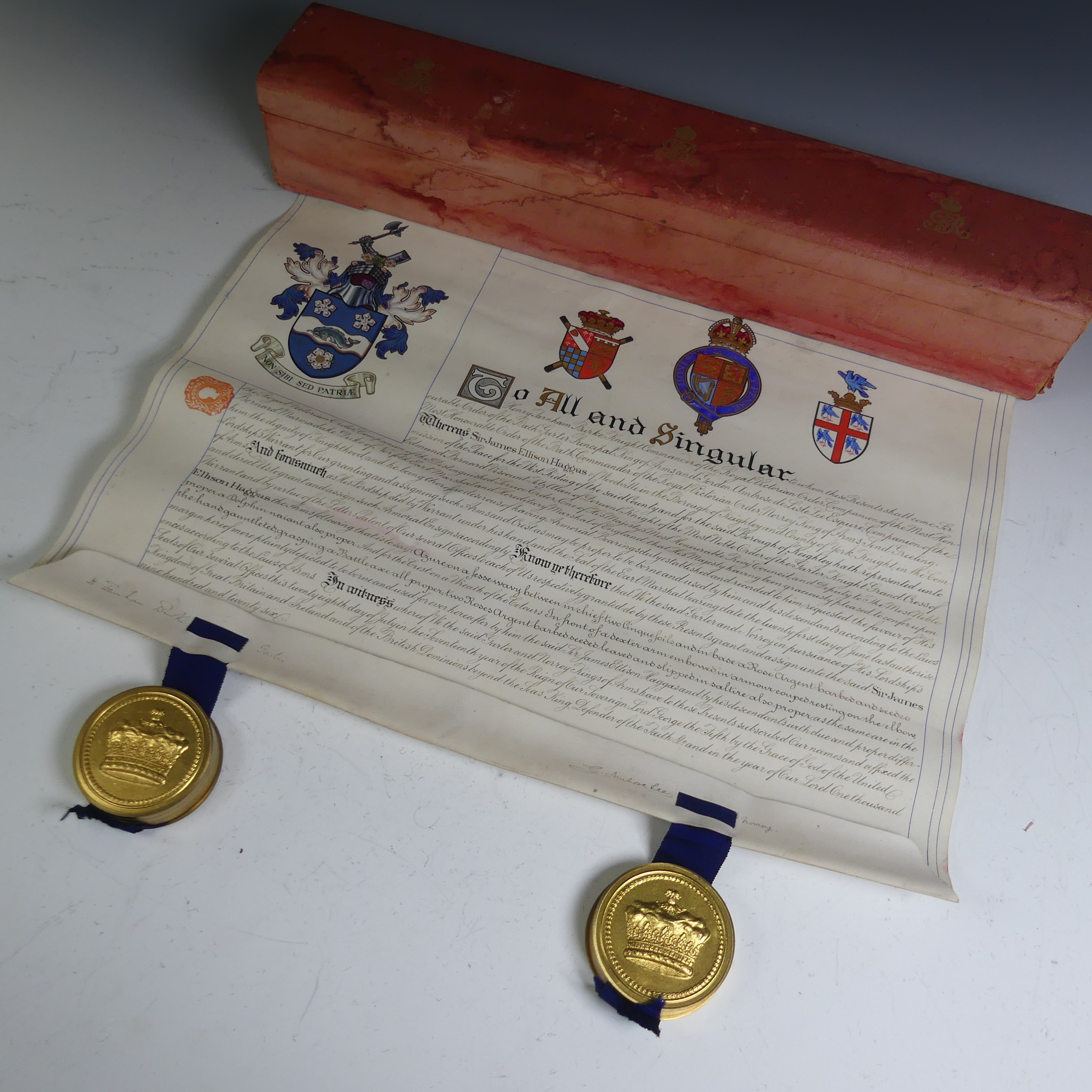 H.M King George V Grant of Arms  illuminated scroll, to Sir James Ellison Haggas (1849-1939), with - Image 6 of 7