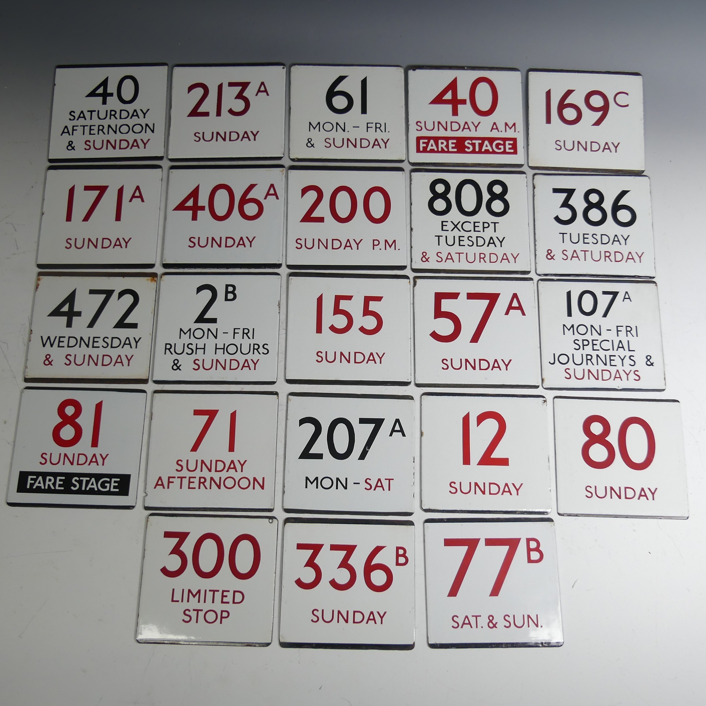 Bus and Coaching Memorabilia; A collection of London Transport enamel Bus Stop E-Plates, Weekend
