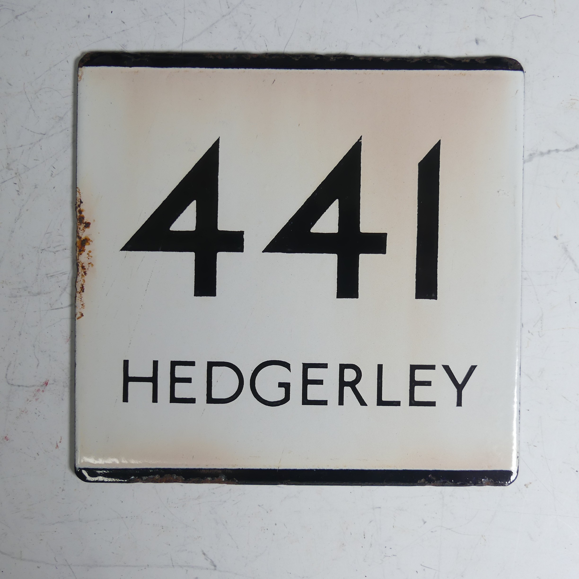 Bus and Coaching Memorabilia; A London Transport enamel Bus Stop E-Plate, Route No. 441 with